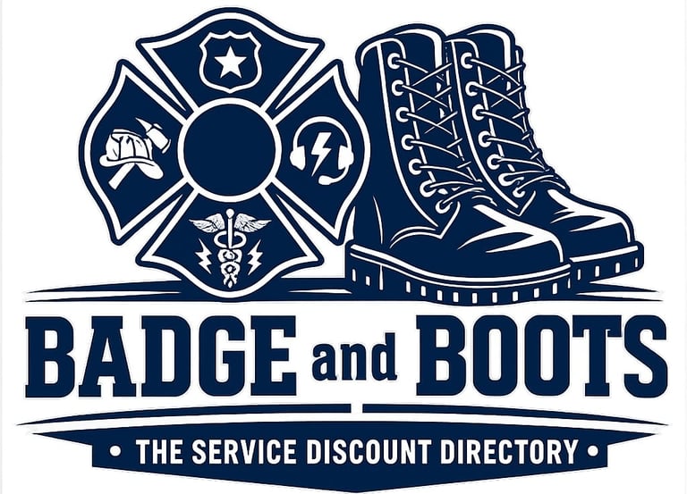 Badge and Boots logo featuring a firefighter badge with star and boots