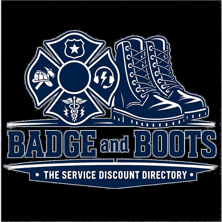 Badge and Boots logo featuring a firefighter maltese cross, lace-up boots, and service member symbols in navy blue and white